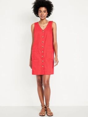 NWT Old Navy Sleeveless Button Front V-Neck Mini Dress Coral Red Cotton Small
